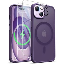 Maa-Coque Pour Iphone 15 Plus Avec 2 Verre Trempé Et 1 Caméra Protecteur, Etui Translucide Mat Arrière Housse Antichoc Coque Magnétique Pour Iphone 15 Plus Case 6.7"" Pourpre Foncé