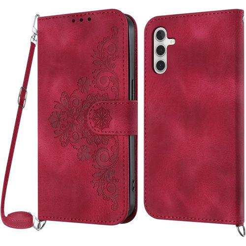 Kal-Coque Pour Samsung Galaxy A15 Avec Cordon, Etui Pour Samsung A15 Avec Cordon Collier, Etui Portefeuille Protection Housse En Cuir Pu Avec [Bandoulière Réglable] Lanyard Case Cover (Rouge)