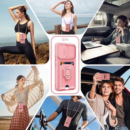 CHENG-Cordon de Coque pour Xiaomi Redmi Note 13 Pro Plus 5G/Pro+ 5G(6.67''),Couvercle Coulissant de la Caméra+Support Annulaire à 360 Degrés,Fentes pour Cartes Lanyard Silicone Case -Pink