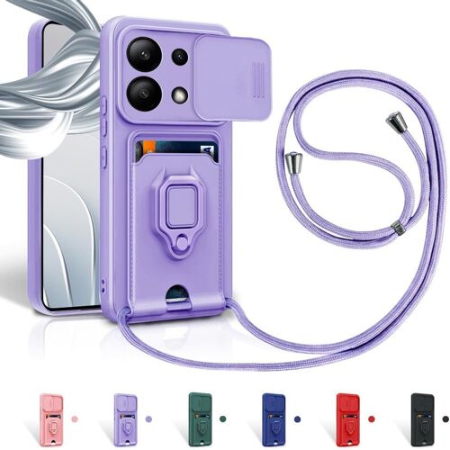 Cordon De Coque Pour Xiaomi Redmi Note 13 4g,Couvercle Coulissant De La Caméra+Support Annulaire À 360 Degrés,Fentes Pour Cartes Lanyard Silicone Case -Pourpre