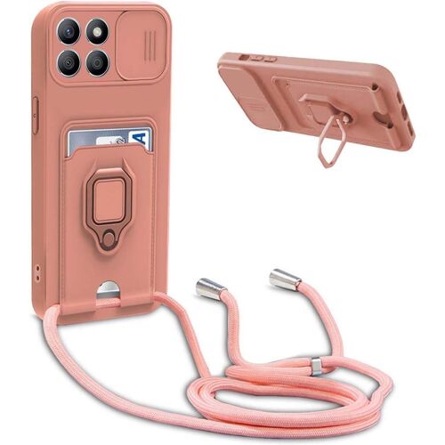 TRAHOO-Coque avec Cordon pour Honor X8B,Collier pour Étui Colliers de cellulaire Réglable Corde Silicone Souple Case,Protection de la Caméra,Support,Porte Cartes - Pink