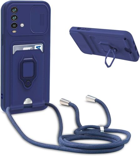 TRAHOO-Coque avec Cordon pour Xiaomi Redmi 9T / Poco M3,Collier pour Étui Colliers de cellulaire Réglable Corde Silicone Souple Case,Protection de la Caméra,Support,Porte Cartes - Bleu