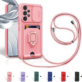 Trahoo-Cordon De Coque Pour Samsung Galaxy A23 5g,Couvercle Coulissant De La Caméra+Support Annulaire À 360 Degrés,Fentes Pour Cartes Lanyard Silicone Case -Pink