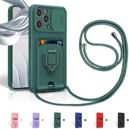 Trahoo-Cordon De Coque Pour Iphone 15 Pro,Couvercle Coulissant De La Caméra+Support Annulaire À 360 Degrés,Fentes Pour Cartes Lanyard Silicone Case -Vert