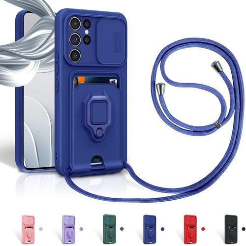 Kal-Cordon De Coque Pour Samsung Galaxy S23 Ultra 5g,Couvercle Coulissant De La Caméra+Support Annulaire À 360 Degrés,Fentes Pour Cartes Lanyard Silicone Case -Bleu