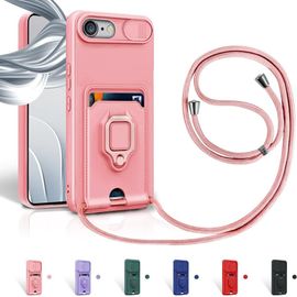 Trahoo-Cordon De Coque Pour Iphone 6/6s/7/8/Iphone Se 2022,Couvercle Coulissant De La Caméra+Support Annulaire À 360 Degrés,Fentes Pour Cartes Lanyard Silicone Case -Pink