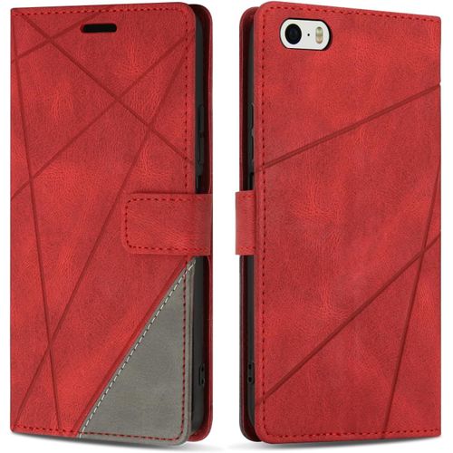 KAL-Coque Pour Iphone 5 / Iphone 5S, Protection Housse Etui En Cuir Pu Portefeuille Avec Emplacements Cartes Et Fonction Support Pour Iphone 5 / Iphone 5S, Rouge