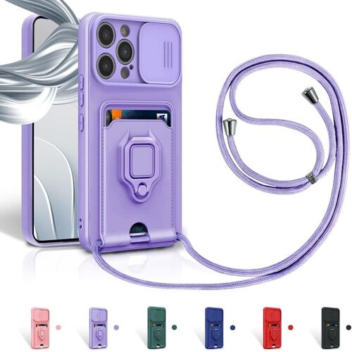 Trahoo-Cordon De Coque Pour Iphone 14 Pro,Couvercle Coulissant De La Caméra+Support Annulaire À 360 Degrés,Fentes Pour Cartes Lanyard Silicone Case -Pourpre