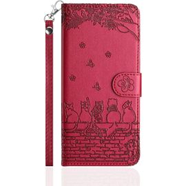 Kal-Coque Pour Huawei P40 Pro Rabat,Housse Pochette Huawei P40 Pro Clapet,Portefeuille Etui Avec Porte-Carte Et Dragonne,Chats/Fleur Pu Cuir/Antichoc Flip Folio Case.Rouge