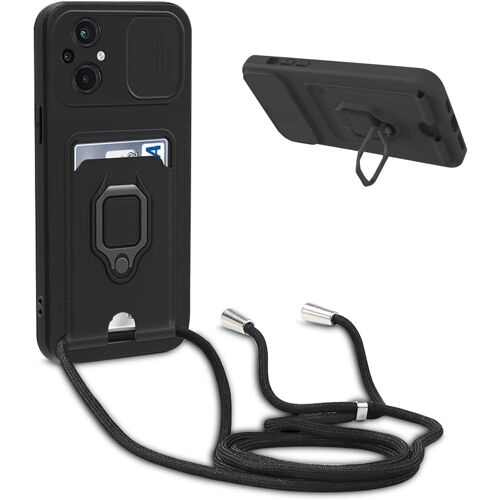 MDY-Coque avec Cordon pour Xiaomi Poco M5,Collier pour Étui Colliers de cellulaire Réglable Corde Silicone Souple Case,Protection de la Caméra,Support,Porte Cartes - Noir
