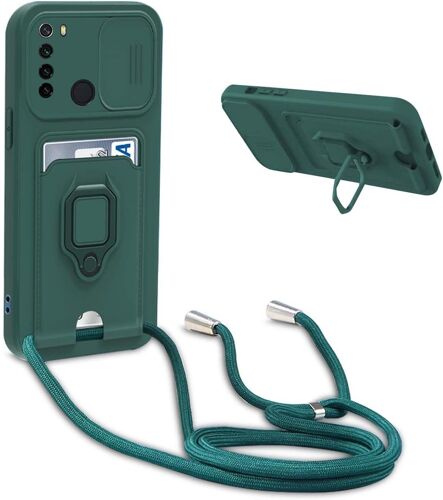 TRAHOO-Coque avec Cordon pour Xiaomi Redmi Note 8 Pro,Collier pour Étui Colliers de cellulaire Réglable Corde Silicone Souple Case,Protection de la Caméra,Support,Porte Cartes - Vert