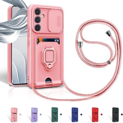 Aer-Cordon De Coque Pour Samsung Galaxy A56 5g,Couvercle Coulissant De La Caméra+Support Annulaire À 360 Degrés,Fentes Pour Cartes Lanyard Silicone Case -Pink