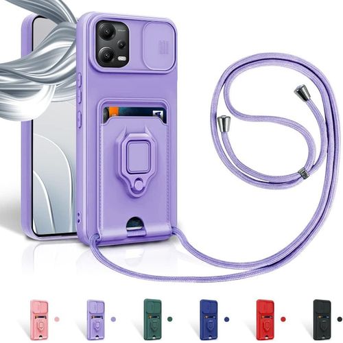 Cordon De Coque Pour Xiaomi Redmi Note 12 5g/Poco X5 5g,Couvercle Coulissant De La Caméra+Support Annulaire À 360 Degrés,Fentes Pour Cartes Lanyard Silicone Case -Pourpre