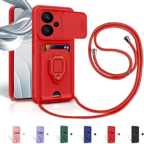 Kal-Cordon De Coque Pour Xiaomi Redmi Note 13 Pro Plus 5g/Pro+ 5g(6.67''),Couvercle Coulissant De La Caméra+Support Annulaire À 360 Degrés,Fentes Pour Cartes Lanyard Silicone Case -Rouge