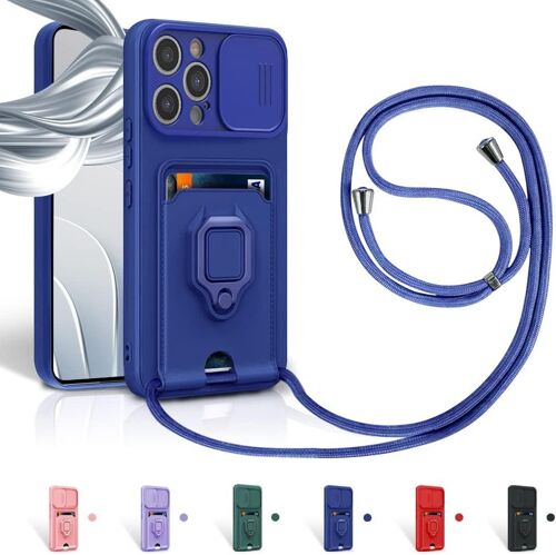 Tzf-Cordon De Coque Pour Iphone 15 Pro,Couvercle Coulissant De La Caméra+Support Annulaire À 360 Degrés,Fentes Pour Cartes Lanyard Silicone Case -Bleu