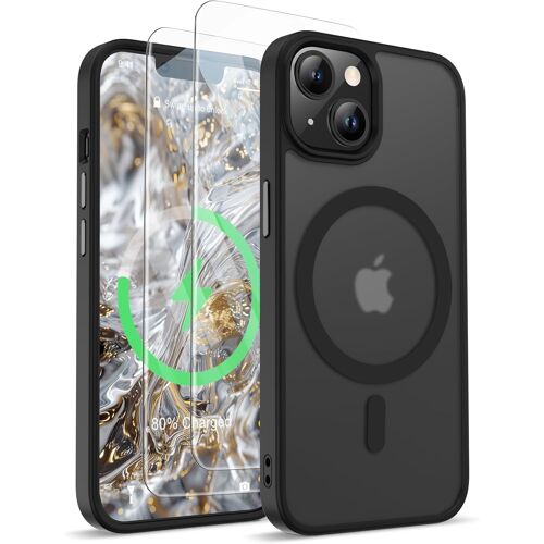 TRAHOO-Coque pour iPhone 13 avec 2 Verre Trempé et 1 Caméra Protecteur, Etui Translucide Mat Arrière Housse Antichoc Coque Magnétique pour iPhone 14/13 Compatible avec Mag-Safe 6.1"" Noir