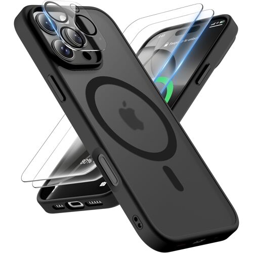TRAHOO-Coque pour iPhone 16 Pro Max avec 2 Verre Trempé et 1 Caméra Protecteur, Translucide Mat Arrière Housse Fine Antichoc pour iPhone 16 Pro Max Case Compatible avec Mag-Safe 6.9"" Noir