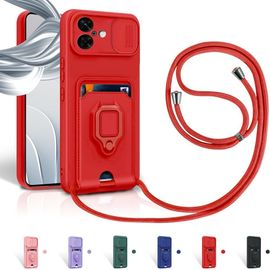 Aer-Cordon De Coque Pour Iphone 16 Plus,Couvercle Coulissant De La Caméra+Support Annulaire À 360 Degrés,Fentes Pour Cartes Lanyard Silicone Case -Rouge