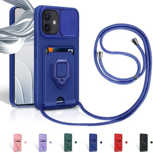KAL-Cordon De Coque Pour Iphone 12 / Iphone 12 Pro,Couvercle Coulissant De La Caméra+Support Annulaire À 360 Degrés,Fentes Pour Cartes Lanyard Silicone Case -Bleu