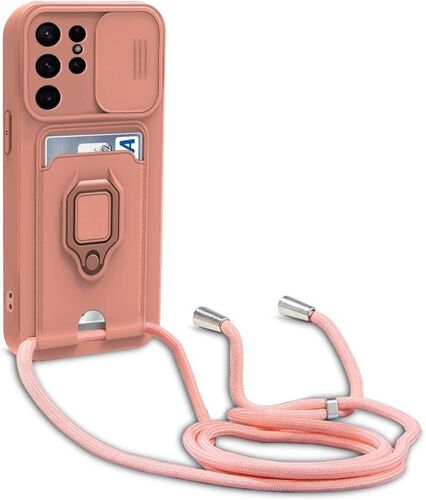 Coque Compatible Avec Samsung Galaxy S22 Ultar,Reglable Lanyard Case,Avec Curseur De Camera Protection, Avec Carte Fentes,Anneau Support,Silicone Collier Case (Pink)