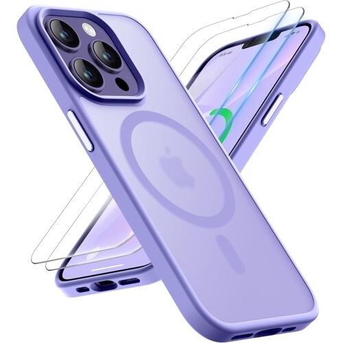 TRAHOO-Coque pour iPhone 13 Pro Max avec 2 Verre Trempé, Compatible avec Mag-Safe, Etui Translucide Mat Arrière Antichoc Coque Magnétique pour iPhone 13 Pro Max 6.7"" Pourpre Clair