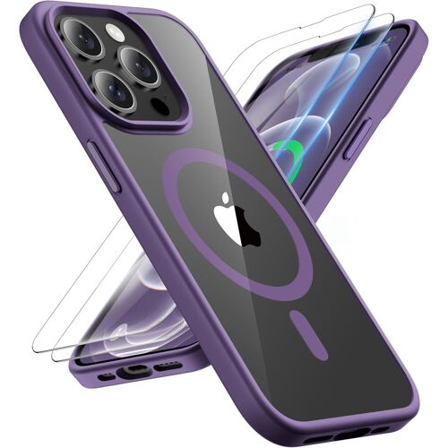 TRAHOO-Coque pour iPhone 12 Pro Max avec 2 Verre Trempé, Compatible avec Mag-Safe, Protection Antichoc Etui Transparente Arrière Coque Magnétique pour iPhone 12 Pro Max 6.7"" Pourpre Foncé