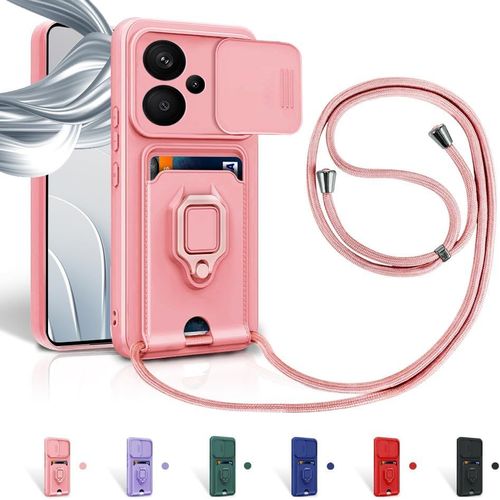 Kal-Cordon De Coque Pour Xiaomi Redmi Note 13 Pro Plus 5g/Pro+ 5g(6.67''),Couvercle Coulissant De La Caméra+Support Annulaire À 360 Degrés,Fentes Pour Cartes Lanyard Silicone Case -Pink
