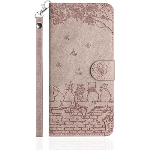 Coque Pour Samsung Galaxy A55 5g Rabat,Housse Pochette Samsung A55 5g Clapet,Portefeuille Etui Avec Porte-Carte Et Dragonne,Chats/Fleur Pu Cuir/Antichoc Flip Folio Case.Violet Rosé
