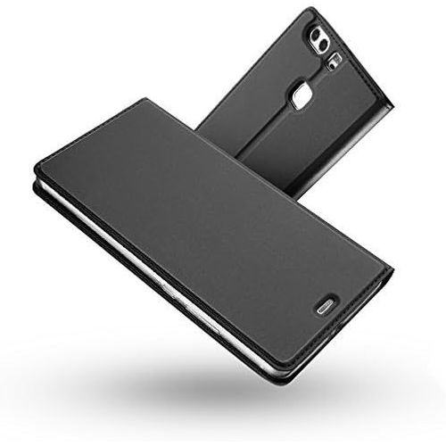 SJZG-Coque Huawei P9 Lite,Ultra Mince En Cuir Pu Premium Housse À Rabat Portefeuille Coque Étui De Protection Bumper Folio À Clapet Avec [Fente Pour Carte] Pour Huawei P9 Lite (Gris-Noir)