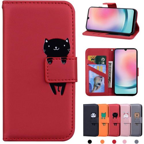 Kal-Coque Samsung Galaxy A24 4g Etui En Cuir Coque Portefeuille Samsung A24 4g Housse Etui De Protection Pour Samsung Galaxy A24 4g - Chat Rouge