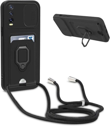 KAL-Coque Avec Cordon Pour Vivo Y20/Y20I/Y20S/Y12A/Y12S/Y11S,Collier Pour Étui Colliers De Cellulaire Réglable Corde Silicone Souple Case,Protection De La Caméra,Support,Porte Cartes - Noir