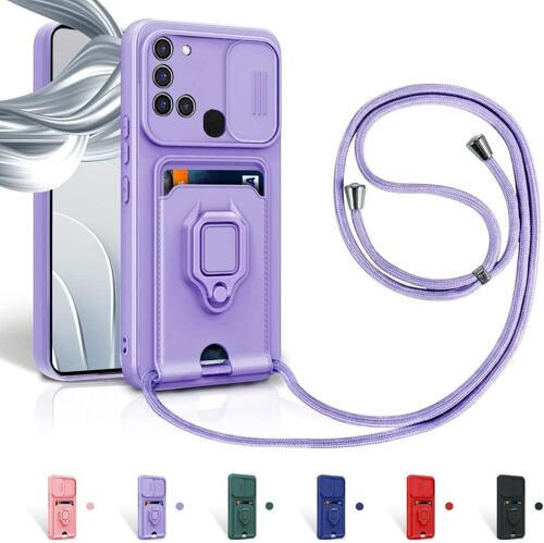 Tzf-Cordon De Coque Pour Samsung Galaxy A21s,Couvercle Coulissant De La Caméra+Support Annulaire À 360 Degrés,Fentes Pour Cartes Lanyard Silicone Case -Pourpre