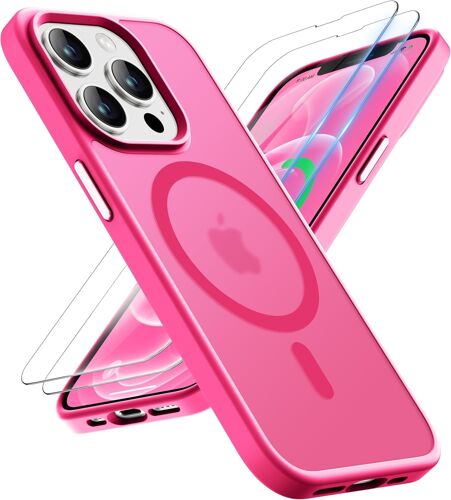 TRAHOO-Coque pour iPhone 12 Pro Max avec 2 Verre Trempé, Compatible avec Mag-Safe, Etui Translucide Mat Arrière Antichoc Coque Magnétique pour iPhone 12 Pro Max 6.7"" Rose Chaud