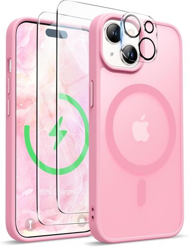 TRAHOO-Coque pour iPhone 15 Plus avec 2 Verre Trempé et 1 Caméra Protecteur, Etui Translucide Mat Arrière Housse Antichoc Coque Magnétique pour iPhone 15 Plus Case 6.7"" Rose Clair