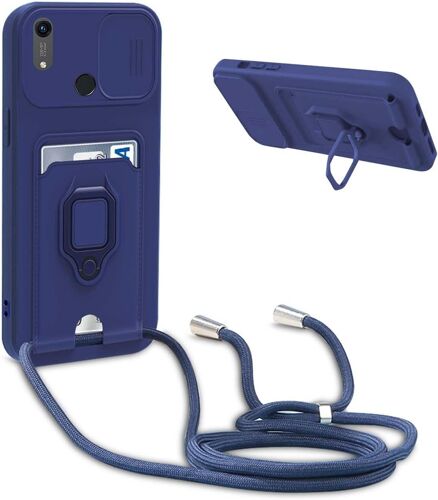 Mdy-Coque Avec Cordon Pour Huawei Y6 2019/ Honor 8a,Collier Pour Étui Colliers De Cellulaire Réglable Corde Silicone Souple Case,Protection De La Caméra,Support,Porte Cartes - Bleu