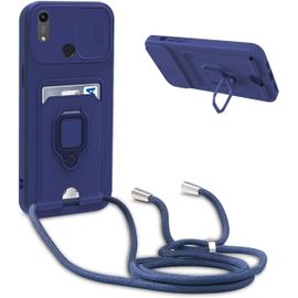 Coque Avec Cordon Pour Huawei Y6 2019/ Honor 8a,Collier Pour Étui Colliers De Cellulaire Réglable Corde Silicone Souple Case,Protection De La Caméra,Support,Porte Cartes - Bleu