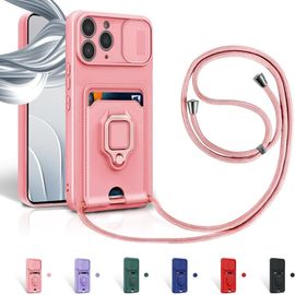 Cordon De Coque Pour Iphone 11 Pro Max,Couvercle Coulissant De La Caméra+Support Annulaire À 360 Degrés,Fentes Pour Cartes Lanyard Silicone Case -Pink