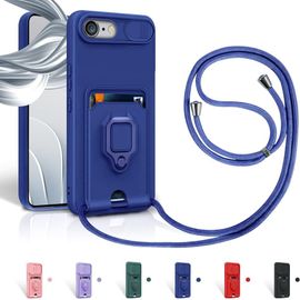 Brs-Cordon De Coque Pour Iphone 6/6s/7/8/Iphone Se 2022,Couvercle Coulissant De La Caméra+Support Annulaire À 360 Degrés,Fentes Pour Cartes Lanyard Silicone Case -Bleu