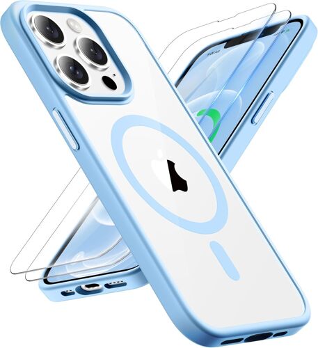 TRAHOO-Coque pour iPhone 12 Pro Max avec 2 Verre Trempé, Compatible avec Mag-Safe, Protection Antichoc Etui Transparente Arrière Coque Magnétique pour iPhone 12 Pro Max 6.7"" Bleu Sierra