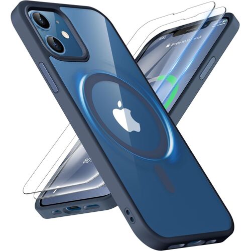 Coque Pour Iphone 12/12 Pro Avec 2 Verre Trempé Protection Écran, Etui Transparente Arrière Anti Rayures Antichoc Coque Magnétique Pour Iphone 12 Compatible Avec Mag-Safe 6.1"" Bleu[POP946391]