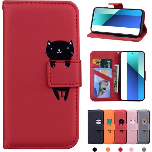 KAL-Xiaomi Redmi Note 13 4G Hülle Pu Leder Brieftasche Xiaomi Redmi Note 13 4G Schutzhülle Stehfunktion Magnetic Closure Handyhülle Für Redmi Note 13 4G Rote Katze