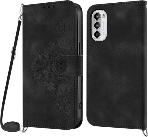 KAL-Coque Pour Motorola Moto G51 5G Avec Cordon, Etui Pour Motorola Moto G51 5G Avec Cordon Collier, Housse En Cuir Pu Avec [Bandoulière Réglable] Lanyard Case Cover (Noir)