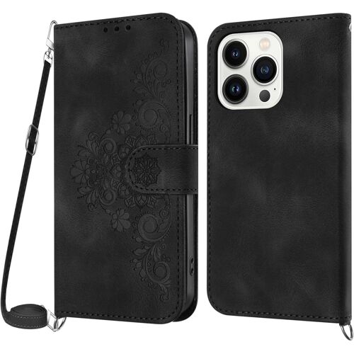 KAL-Coque Pour Iphone 14 Pro Max Avec Cordon, Etui Pour Iphone 14 Pro Max (6,7 Pouces) Avec Cordon Collier, Etui Portefeuille Housse En Cuir Pu Avec [Bandoulière Réglable] Lanyard Case Cover (Noir)