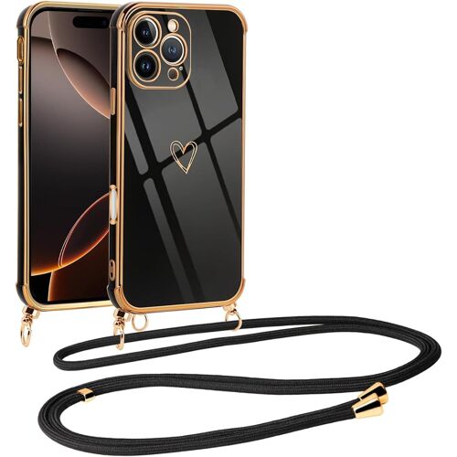 KALANKA-Coque pour iPhone 16 Pro avec Cordon de Collier, Galvanisé Etui Housse avec Motif Coeur d'amour, Antichoc Anti-Rayures Case avec Bandoulière pour iPhone 16 Pro 6.3"", Noir