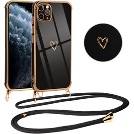 Coque Tpu Iphone 11 Pro Max 6,5 Pouces Motif C?ur Avec Cordon Réglable 150 Cm Et Pendentif - Chaîne Détachable, Bords Surélevés Anti-Choc, Noir