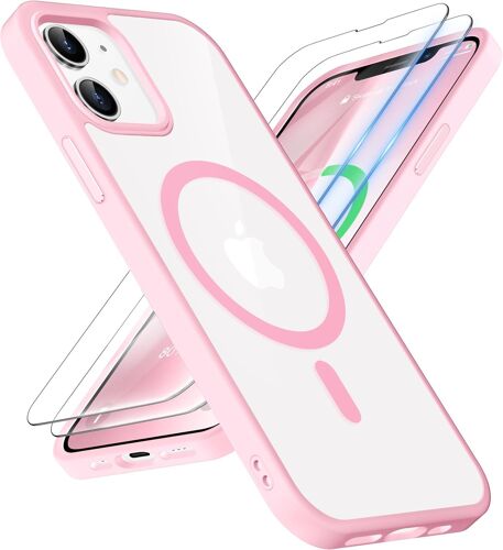 iPhone 12/12 Pro Case with 2 Tempered Glass Screen Protector, Transparent Back Case Anti-Scratch Shockproof Magnetic Case for iPhone 12 Compatible with Mag-Safe 6.1 Inch Light Pink