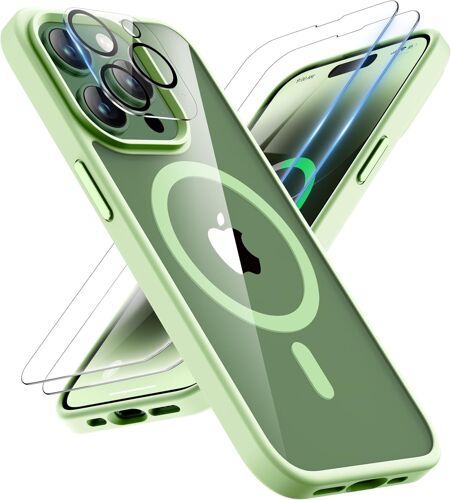 TRAHOO-Coque pour iPhone 14 Pro avec 2 Verre Trempé et 1 Caméra Protecteur, Compatible avec Mag Safe, Antichoc Transparente Arrière Coque Magnétique pour iPhone 14 Pro 6.1"" Cyan Clair