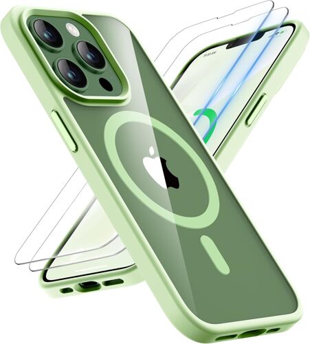 TRAHOO-Coque pour iPhone 13 Pro Max avec 2 Verre Trempé, Compatible avec Mag-Safe, Protection Antichoc Etui Transparente Arrière Coque Magnétique pour iPhone 13 Pro Max 6.7"" Cyan Clair