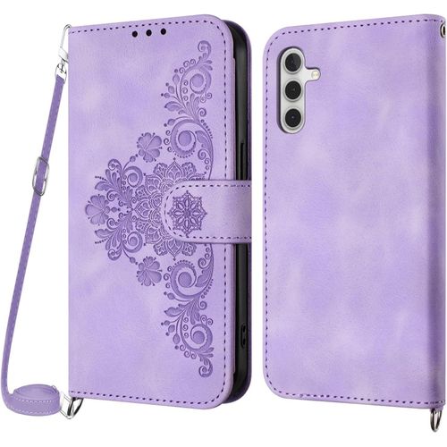 Kal-Coque Pour Samsung Galaxy A15 Avec Cordon, Etui Pour Samsung A15 Avec Cordon Collier, Etui Portefeuille Protection Housse En Cuir Pu Avec [Bandoulière Réglable] Lanyard Case Cover (Violet)