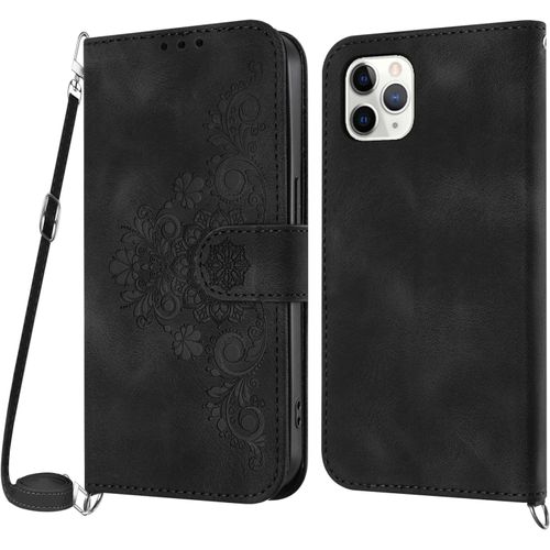 Kal-Coque Pour Iphone 11 Pro Max Avec Cordon, Etui Pour Iphone 11 Pro Max (6,5 Pouces) Avec Cordon Collier, Cuir Portefeuille, Housse Case Etui Avec [Bandoulière Réglable] Lanyard Cover (Noir)